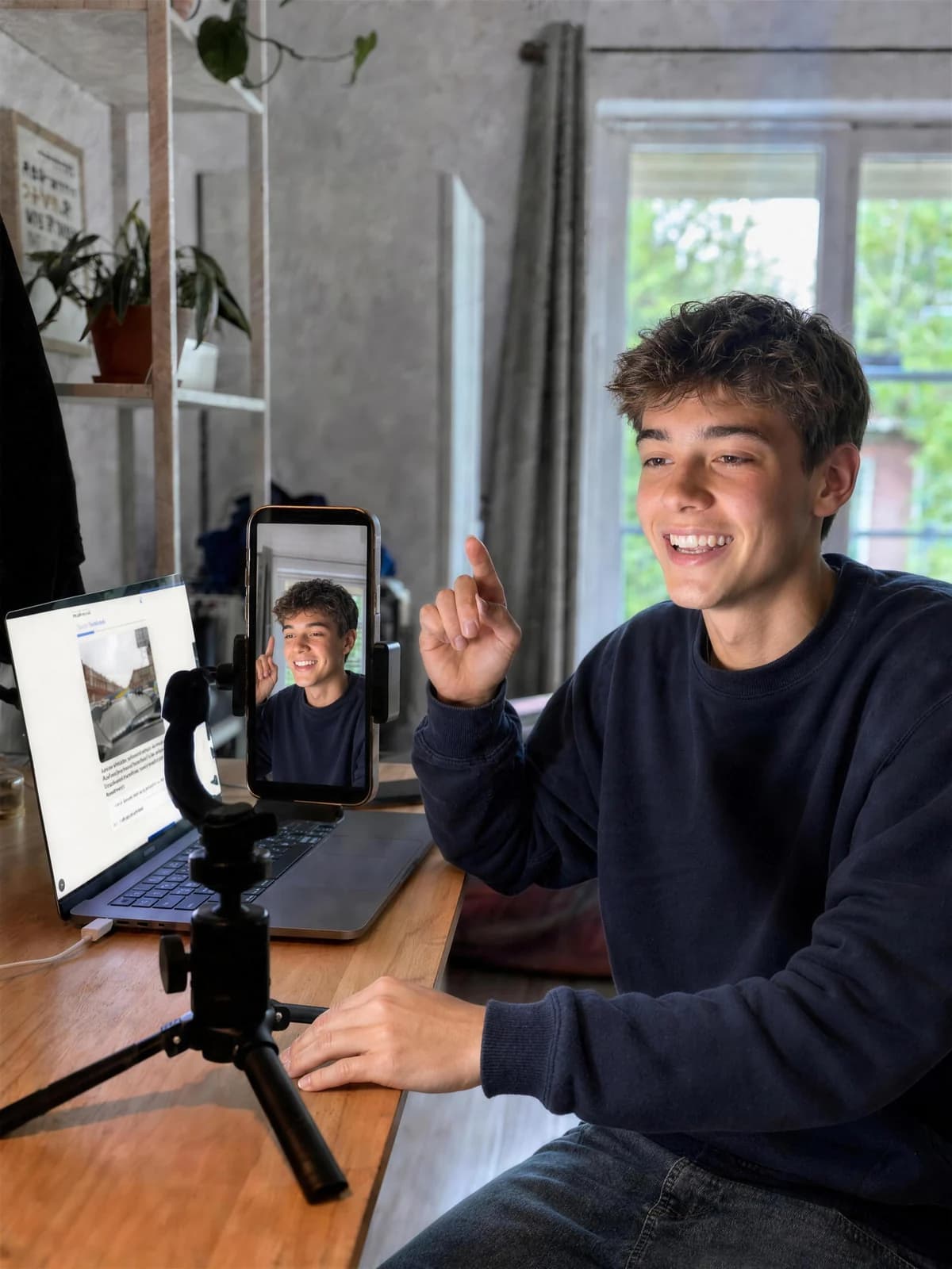 Een creator live vanuit zijn kamer: zijn telefoon staat rechtop op een statief en filmt hem, en op zijn laptop staat een PermisFacile-examenvraag.